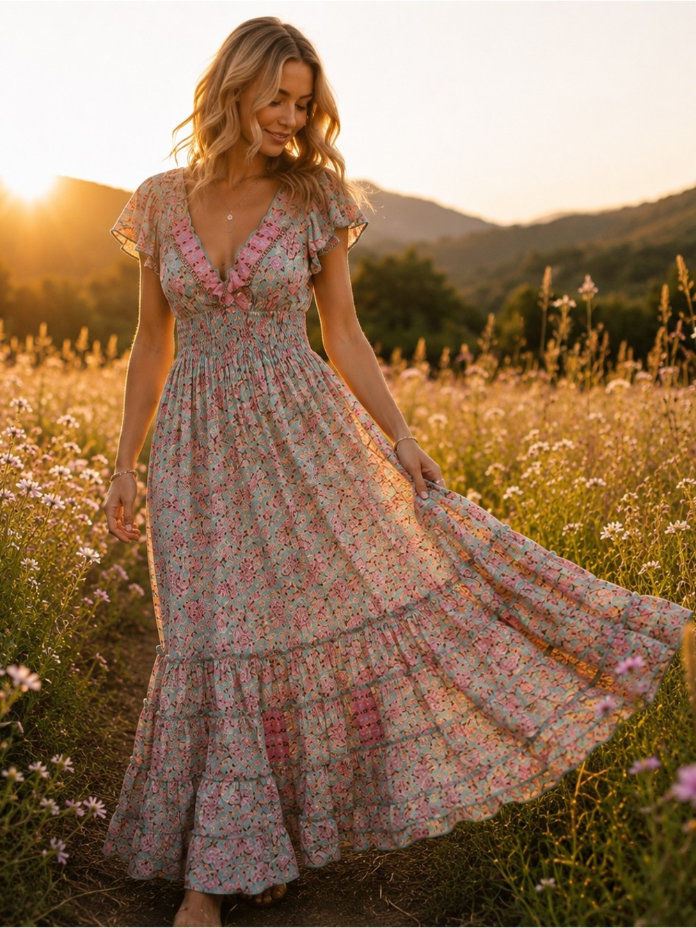 Cienna Australia Silk Blend Floral Boho Maxi Dress Smocked Empire Waist S Flowy